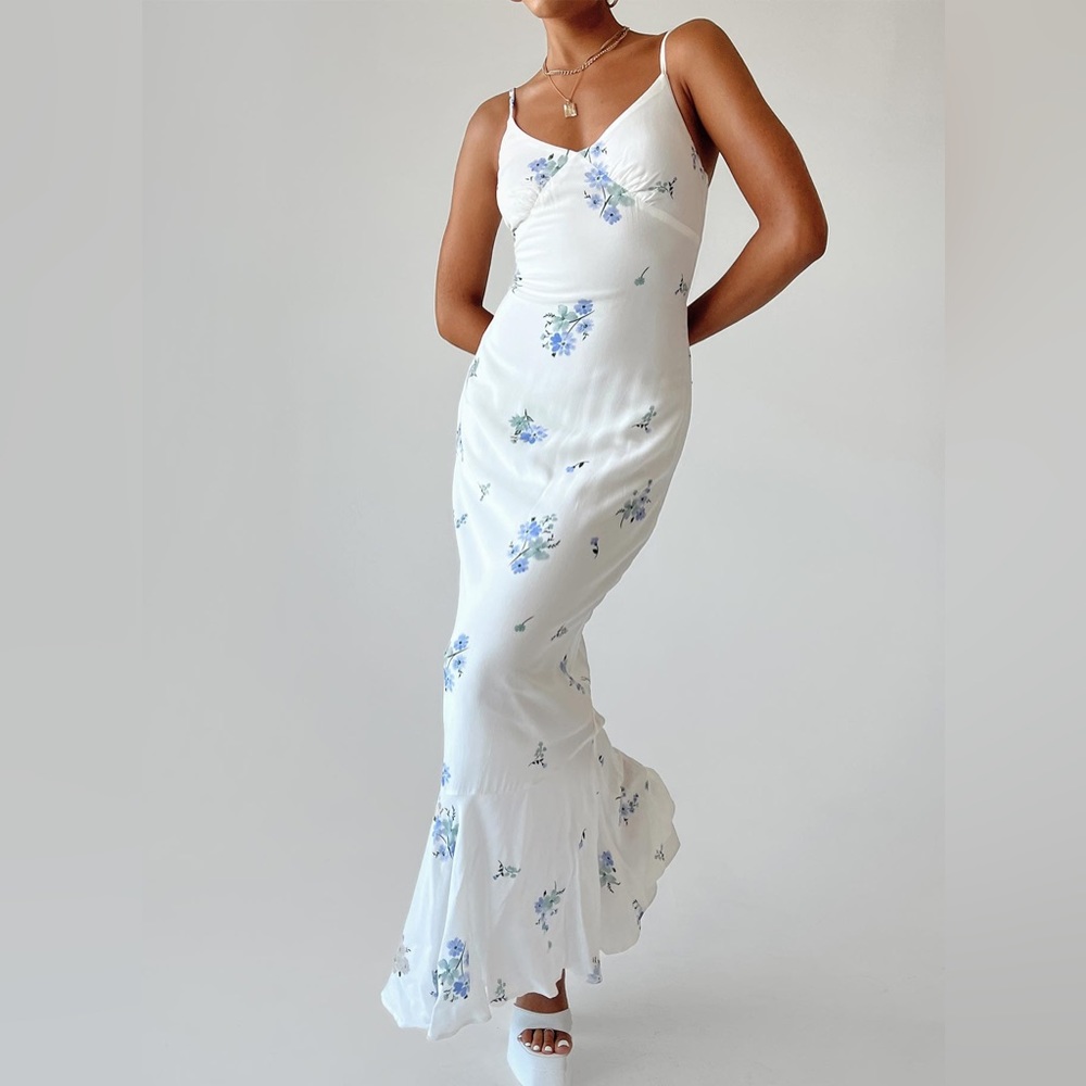 Maxi Dress - white and blue floral - Princess Polly
